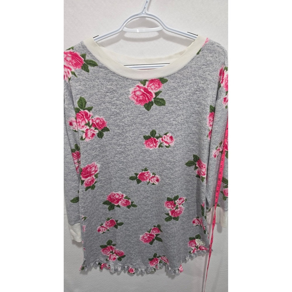 Betsey Johnson Gray Pink Rose Floral Ruffle Hem Pajama Tunic Top Small